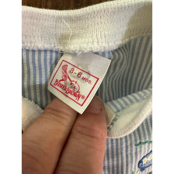 Vintage Buster Brown Blue White Stripe seersucker Jumpsuit Size 3-6 Mths 80s 90s - Picture 5 of 7